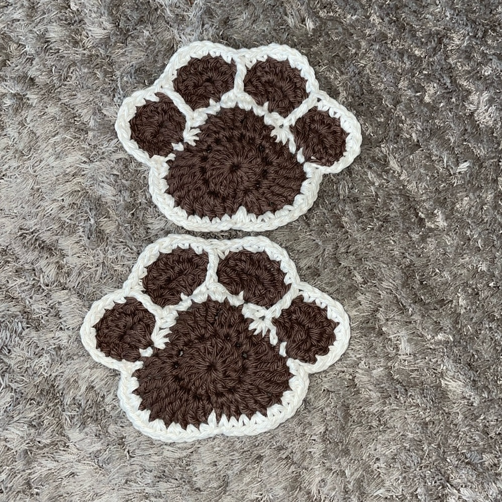 Crochet paw print coaster brown and off white set of 2